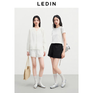 乐町A版花边蕾丝短裤2025夏新款松紧腰阔腿裤小个子休闲白色短裤