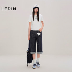 【商场同款】乐町原色牛仔六分裤宽松翻边直筒中短裤女C2HBF3349