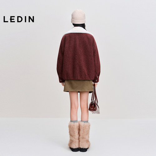 乐町精致绞花拉链外套冬季新款可拆卸毛领金属扣复古红色夹克外套 - 图3