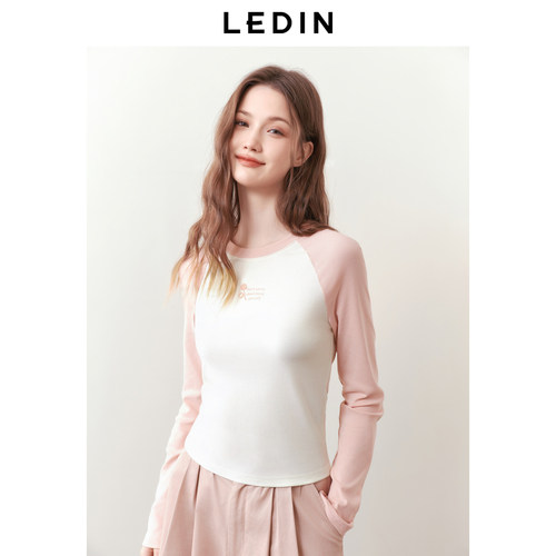 乐町插肩袖T恤女2025春季新款少女感撞色长袖上衣修身显瘦打底衫 - 图2