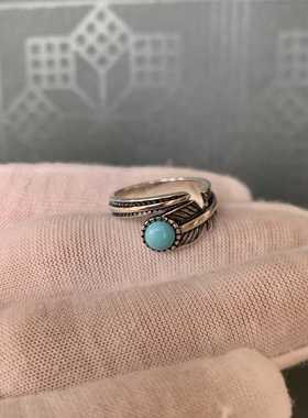 s925纯银原矿绿松石羽毛戒指活口