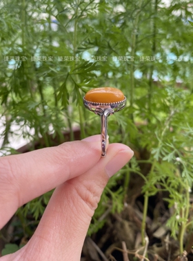 天然蜜蜡蛋面戒指s925银镶嵌指环