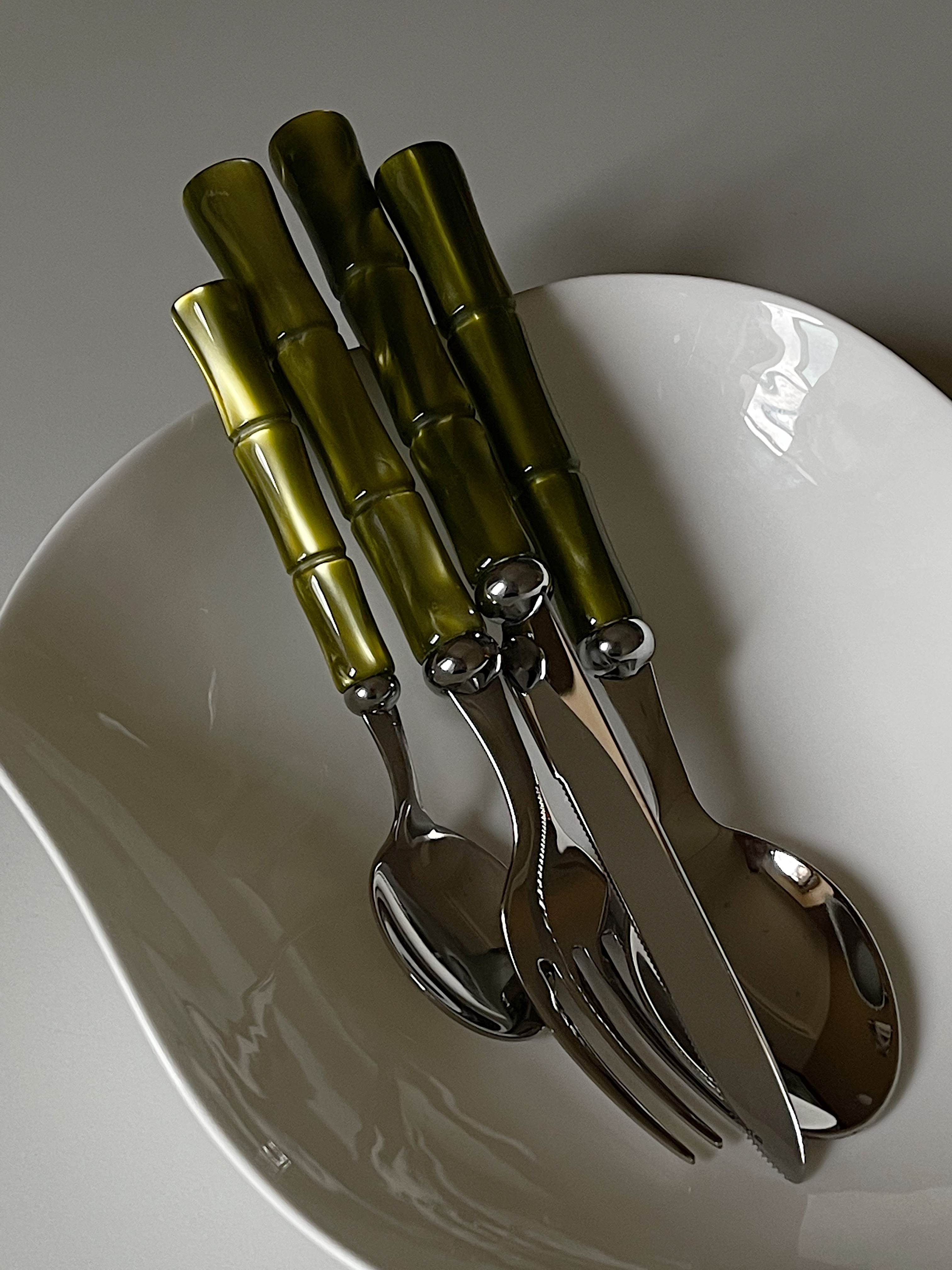 [YURUUI设计师]意大利Rivadossi橄榄绿/深绿色竹节刀叉勺西餐餐具-图1