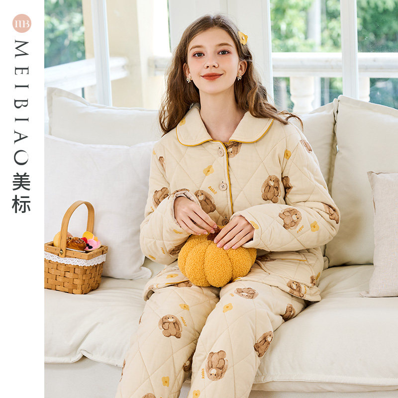 美标三层加厚夹棉家居服女秋冬季新款保暖纯棉套装卡通全棉质睡衣,淘宝优惠券,粉丝福利购,淘宝优惠卷