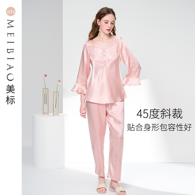 美标长袖真丝睡衣女春秋季100%桑蚕丝绸性感蕾丝甜美家居服套装夏 - 图1