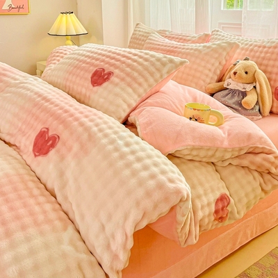 1【良品本色】高奢皮草绒印花四件套兔兔绒牛奶床品大泡泡四件套