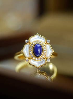 S925银镀金镶青金石白贝母戒指中古风经典精致四叶草法式礼物批发