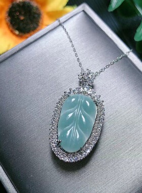 直播货源天然a货翡翠蓝水危料树叶铜镶嵌玉石项链叶子吊坠批发
