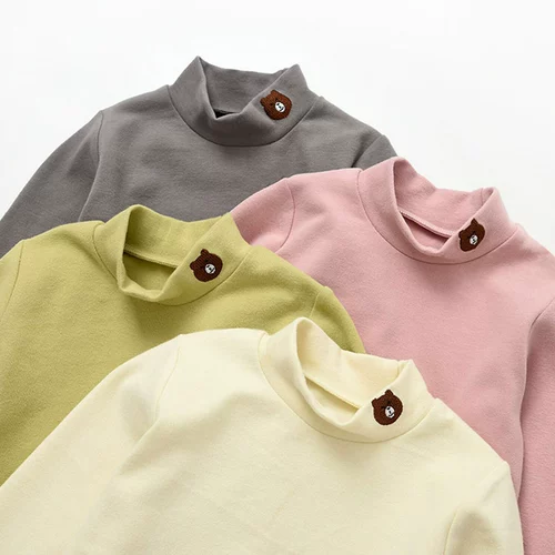 Детская хлопковая приятная телу осенняя футболка для мальчиков, высокий воротник, с вышивкой, с медвежатами