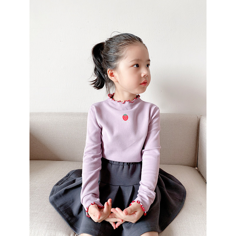 可爱草莓公主卷边半高领 女童弹力打底衫中大童纯棉长袖T恤 童装,淘宝优惠券,粉丝福利购,淘宝优惠卷