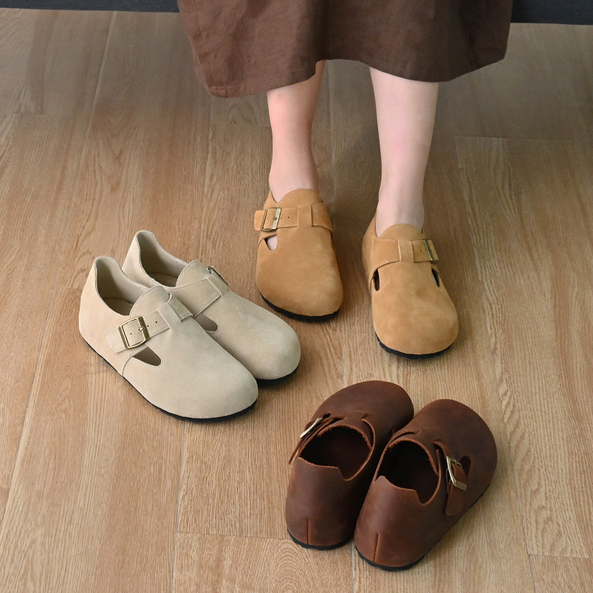 全包勃肯鞋 头层牛皮真皮复古疯马皮软木平底轻便圆头大头鞋女鞋k,淘宝优惠券,粉丝福利购,淘宝优惠卷