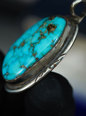 中古欧洲早期手工925纯银天然绿松石项链吊坠首饰精美个性 送朋友