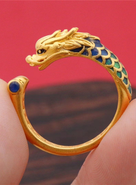 男女沙金复古古法烤蓝龙凤戒指