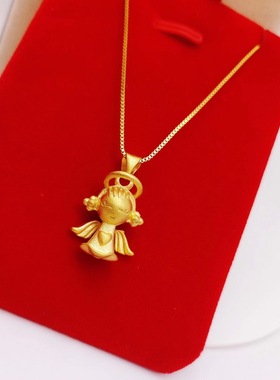 金店同款实心磨砂3D小天使宝宝吊坠女  镀金假黄金锁骨链沙金项链