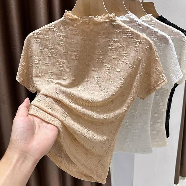 French hollow 2025 new sexy tulle bottoming shirt ice silk top half turtleneck lace short-sleeved T-shirt for women summer