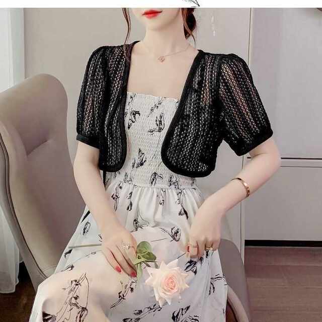 ເສື້ອນອກຂອງແມ່ຍິງ shawl ທີ່ມີສິ້ນ suspender ແບບໃຫມ່ blouse ຊັ້ນສູງ hollow knitted sun protection cardigan summer ແບບບາງໆ