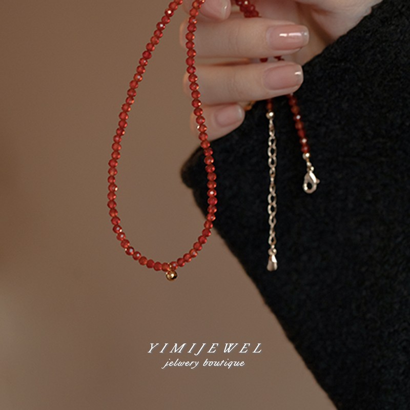 「莫妮卡」天然红玛瑙串珠圣诞新年节日项链复古红色叠戴锁骨链新 - 图1