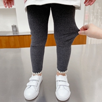 Integrated suede pants girl autumn winter plus suede thickened body beating underpants cotton small baby with elastic lace black