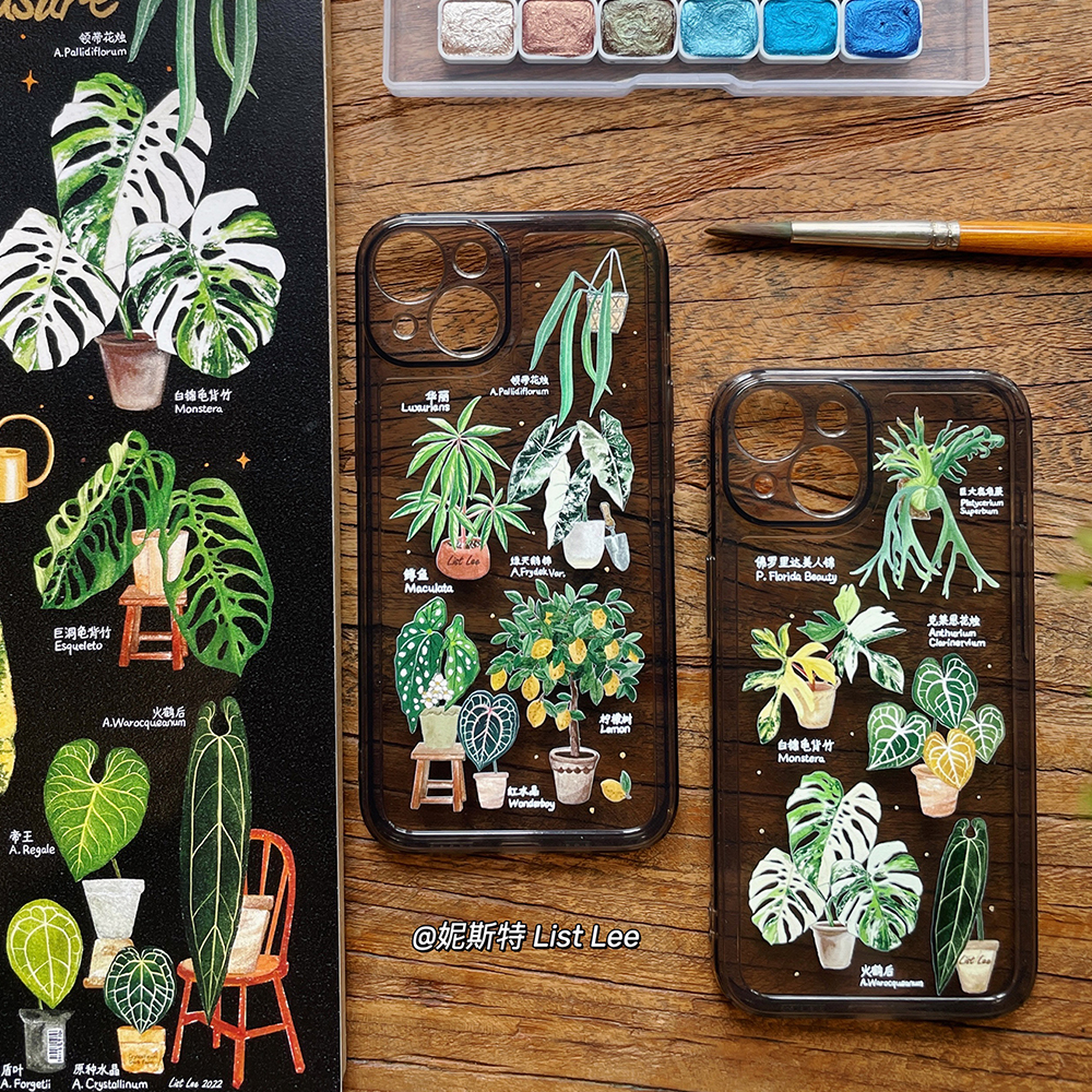 原创植物插画苹果14promax手机壳iphone13透黑防摔12全包11个性艺术新款