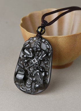 天然黑曜石三足金蟾吊坠