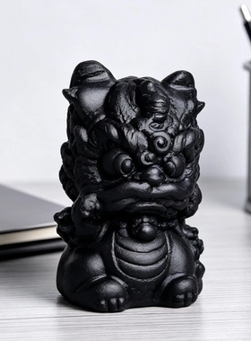 黑曜石狮子黑色水晶石材醒狮摆件