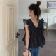 ເສື້ອຍືດແຂນ V-neck Floral Fly Sleeve ຂອງແມ່ຍິງລະດູຮ້ອນ ການອອກແບບໃຫມ່ ແອວ ruffled Vest ເສື້ອ doll ເທິງ