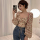 French Floral Square Collar Top Shirt Women's Design Niche Puff Sleeve Slim Pleated Spring Style Collarbone Exposed Shirt