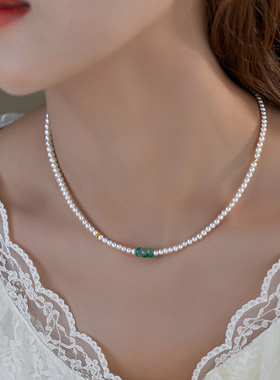 赛赛莉安飘花非洲翠天然淡水珍珠14K包金锁骨项链简约轻奢气质女