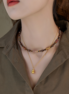 赛赛莉安秋冬美拉德虎眼石葫芦叠戴项链小众设计高级感彩色网红女