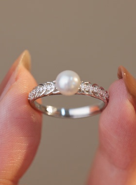 天然淡水珍珠麦穗镶钻纯银戒指