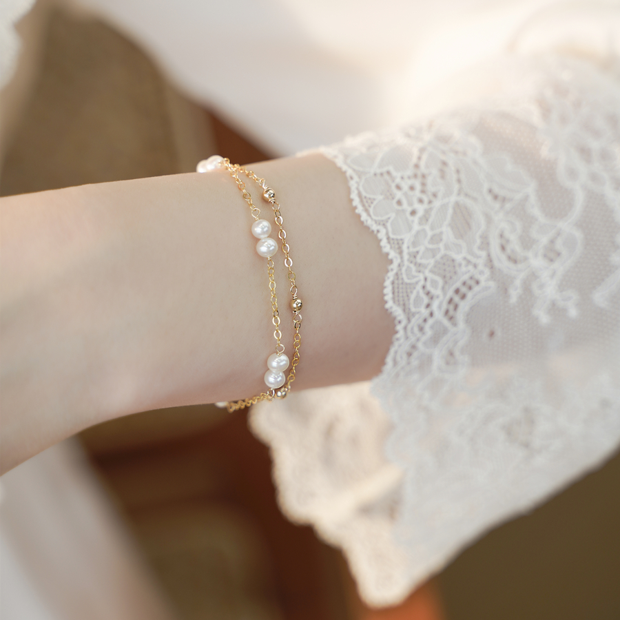 赛赛莉安高品质天然小粒珍珠14K包金小众轻奢双层叠戴网红手链女 - 图2