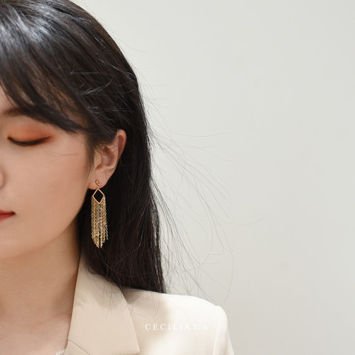 CECILIA纯手工轻奢品质14K包金金属流苏气质长款耳环冷淡风耳夹女 - 图0