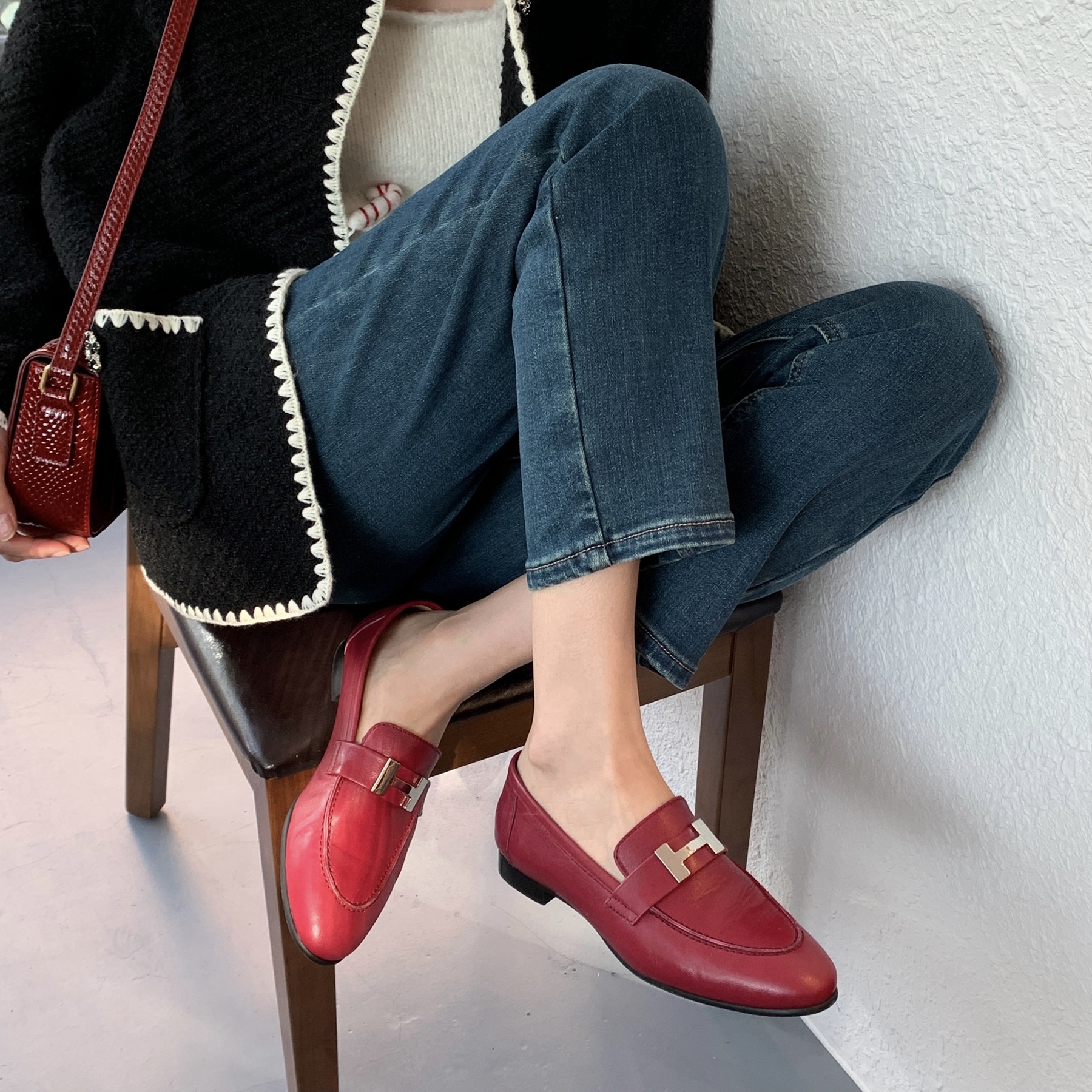 Inking Pot彭姐新款低跟圆头真皮单鞋乐福懒人鞋浆果色平跟皮鞋女,淘宝优惠券,粉丝福利购,淘宝优惠卷