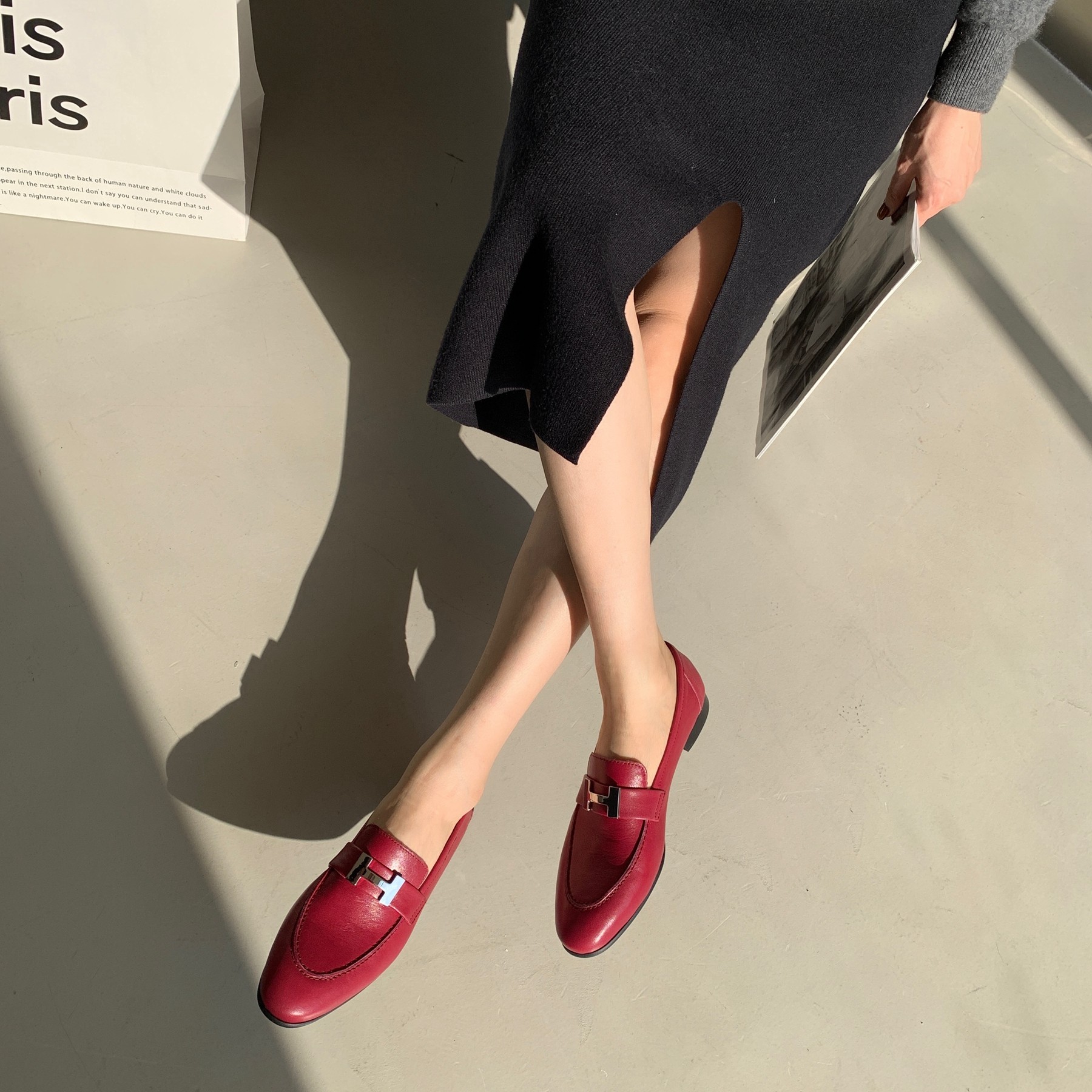 Inking Pot彭姐新款低跟圆头真皮单鞋乐福懒人鞋浆果色平跟皮鞋女,淘宝优惠券,粉丝福利购,淘宝优惠卷