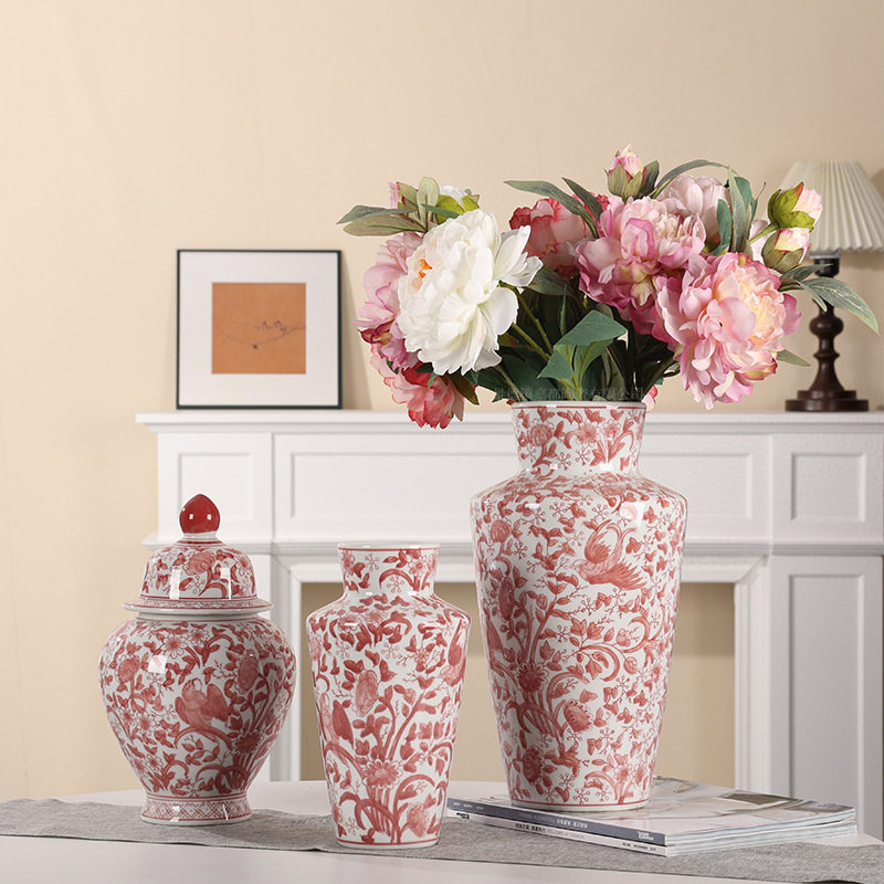 青花瓷红色花瓶陶瓷喜庆花瓶玄关桌面插花储物罐摆件手绘陶瓷花瓶,淘宝优惠券,粉丝福利购,淘宝优惠卷