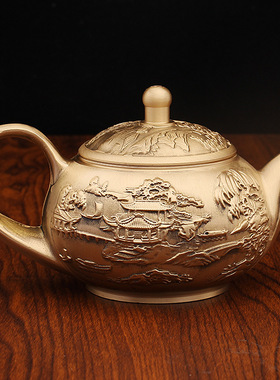 纯黄铜山水茶壶创意浮雕装饰摆件