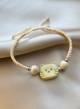 高颜值白色猫咪编织手链女小众精致百搭手绳高级感轻奢手串配饰品