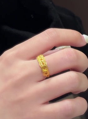 金色五帝钱碎冰冰铜钱戒指女