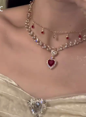 双层叠戴红色爱心珍珠项链女