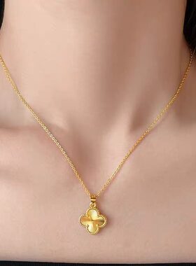 复古黄色四叶草吊坠项链女