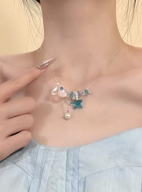 度假风串珠蓝色贝壳海星项链女款甜酷辣妹风锁骨链choker小众颈链