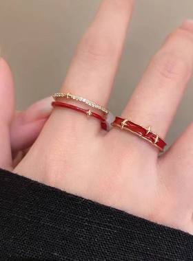 复古红色滴釉素圈戒指女款