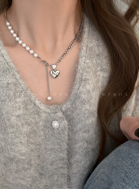 银色拼接珍珠钛钢项链女