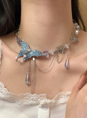 重工蓝色水晶蝴蝶项链女海边度假风高级感锁骨链小众礼服晚宴配饰