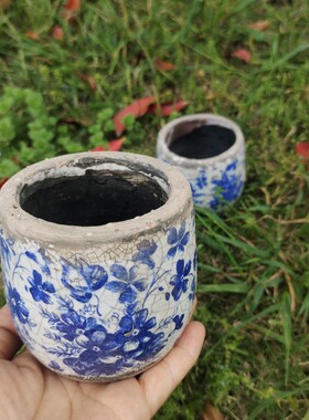 复古粗陶中式青花花盆多肉植物透气复古花盆