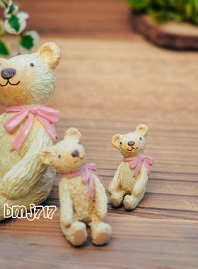 日本原装正版maruwa亲子树脂蝴蝶结泰迪熊桌面装饰摆件氛围造景