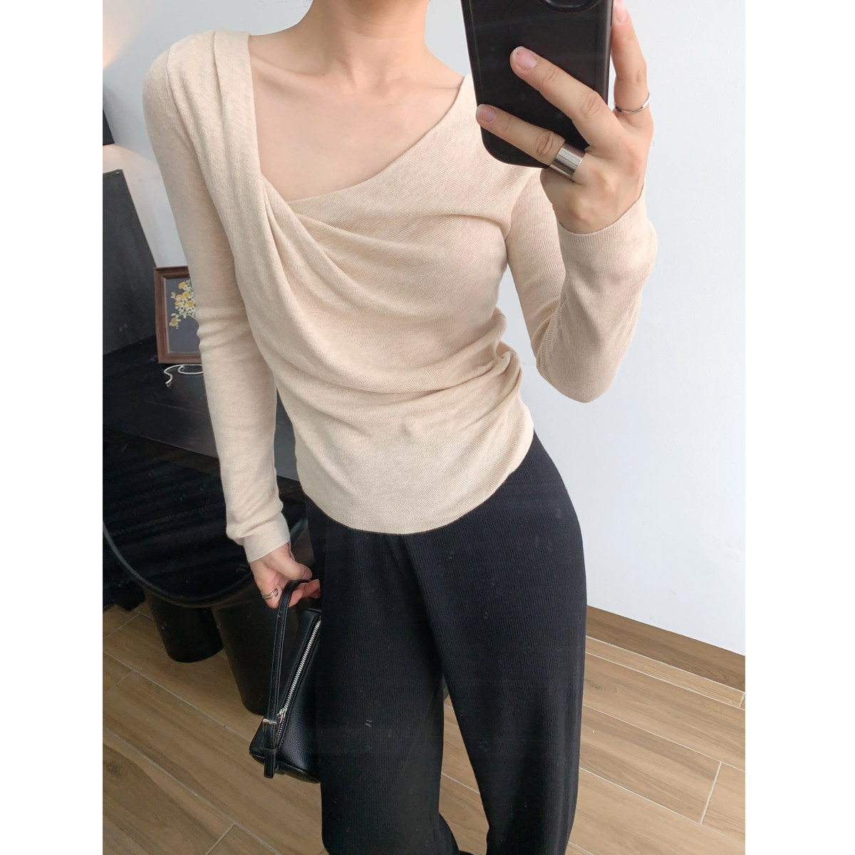 法式复古荡领 修身针织设计感时尚显瘦上衣打底长袖藕粉色温柔女,淘宝优惠券,粉丝福利购,淘宝优惠卷