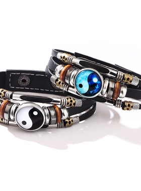 亚马逊跨境皮革手链复古太极玻璃扣可拆卸手链个性时尚可调节手链