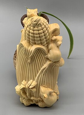 大叶黄杨木雕刻五鼠运玉米款摆件摆饰家居工艺品规格105×60×50