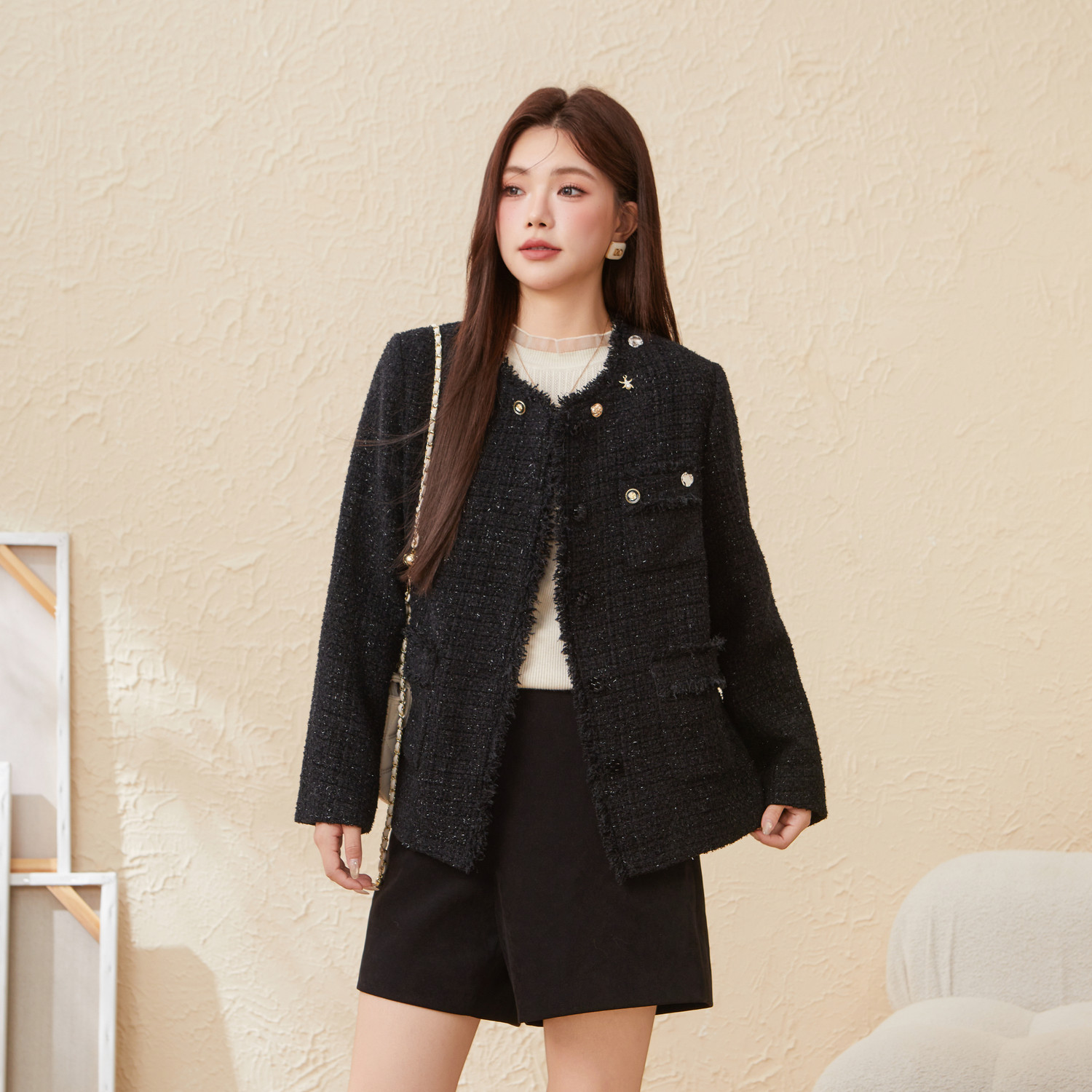 采多宝大码女装胖mm2025秋季新款圆领毛边廓形小香风黑色外套,淘宝优惠券,粉丝福利购,淘宝优惠卷